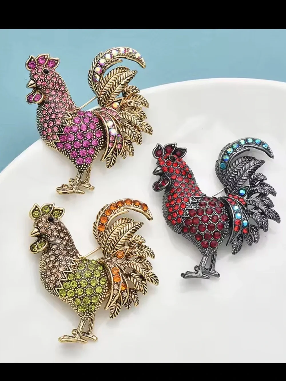 Anthropologie Gold-Tone Rooster Brooch with Hot Pink Crystals
